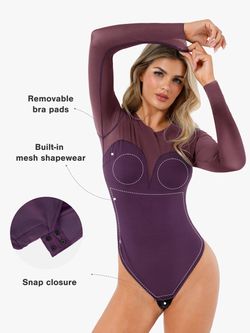 Long-sleeve tummy-shaping bodysuit with illusion mesh