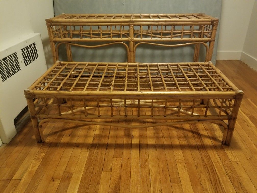 Antique Bamboo coffee table and console table set with clear glass tops