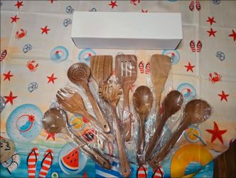 Nonstick Cooking Utensil Set 10 Piece Acacia Wooden Spatulas and Spoons New