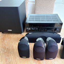 Yamaha Receiver Plus 6 Polk Audio speakers (4 Satellite 1 Center & a Sub)