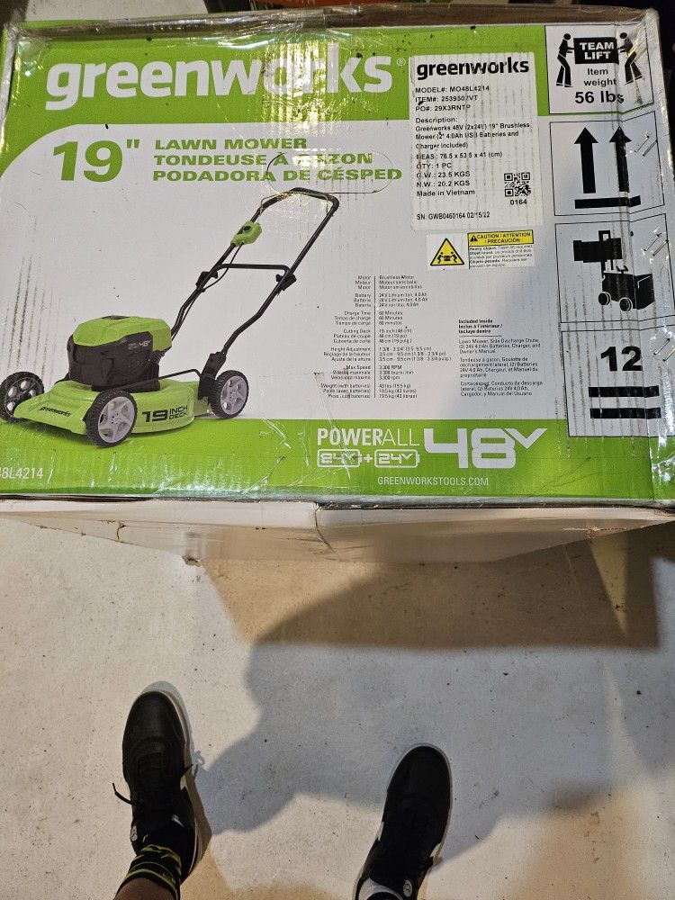 Green works 19" 48V Electric lawn mower. It Is new in Box