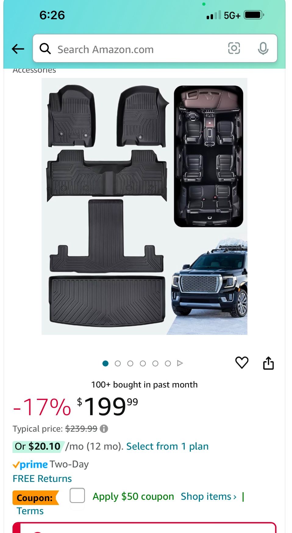 Floor Mats 3 Row Cargo & Liner Set for Chevrolet Tahoe for GMC Yukon 2024 2023 2022 2021