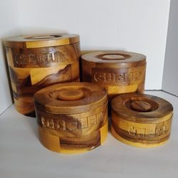 Marquetry Parquetry Wooden Graduated Stacking Canister Set w/ Lids Vintage