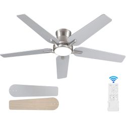 52 Inch Ceiling Fans with Lights and Remote, Brushed Nickel Flush Mount Low Profile Ceiling Fan for Bedroom, Living Room, Patio, Dimmable 6 Speeds Noi