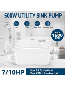 Utility Sink Pump with PCB Function Upgrade Structure Upflush to 23FT 1600GPH Under Sink Pump with 3 Water Inlets 1 Outlet Macerating Toilet System fo