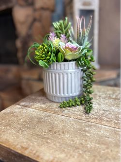 Ht- 8in width-8.5in HANDMADE Artificial cactus in a gray ceramic container