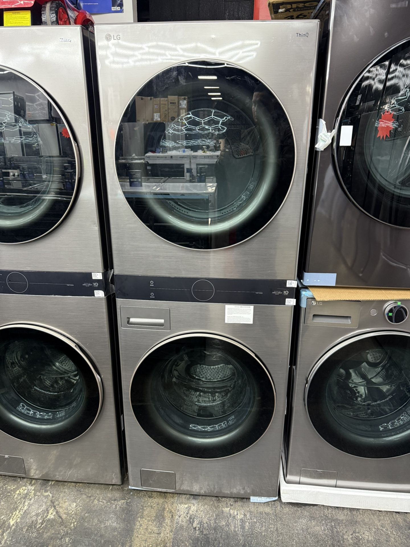 new open box LG WashTower Stacked SMART Laundry Center 4.5 Cu.Ft. Front Load Washer & 7.4 Cu.Ft. Gas Dryer in Graphite Steel