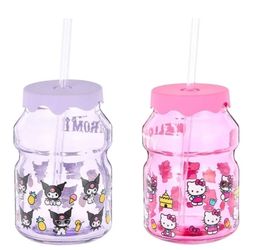 New sanrio hello kitty or kuromi mason glass jar with lid and straw 450 ml 1 choice