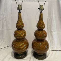 Pair of Mid-Century Modern Triple Gourd Glazed Table Lamps