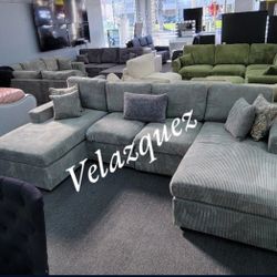 ✅️✅️4 pc fog grey corduroy fabric sectional sofa with double chaise✅️✅️