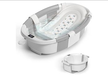 Collapsible Baby Bathtub for Newborn to Toddler 0-36 Months, Spacious Foldable Infant Bath Tub with Thermometer, Cushion & Drain Hole, Portable Travel
