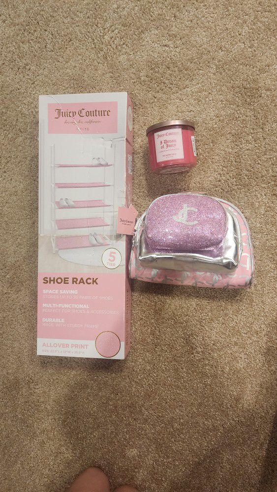 Juicy Couture PINK shoe Rack candle 3 piece make up bag