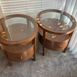 Two Wood End Tables With Drawers And Bevelled Glass Tops
