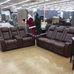 Backtrack Chocolate Leather Power Reclining Living Room Set /couch /Sofa and Loveseat 