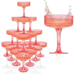 ACRYLIC Champagne Tower - 7oz. Set of 20 Pink Champagne Flutes - Vintage Art Deco Style for Birthdays & Parties - Hosting Essentials - Pink