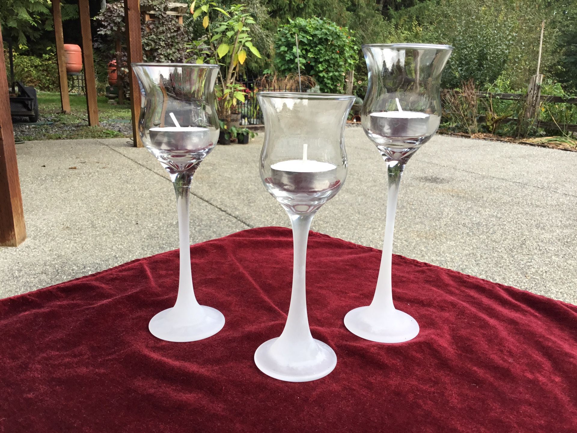 Three Beautiful Tapered Frosted Stemmed Tea Light Glass Candle Holders With Candles     No Chips Or Cracks 