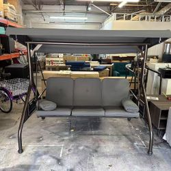 3-Seat Patio Swing with Adjustable Canopy & Backrest, Outdoor Porch Swing Chair for Adults, Outside Porch Converting Bed Thickened Removable Cushions,