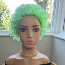 Funny green curly synthetic short wig