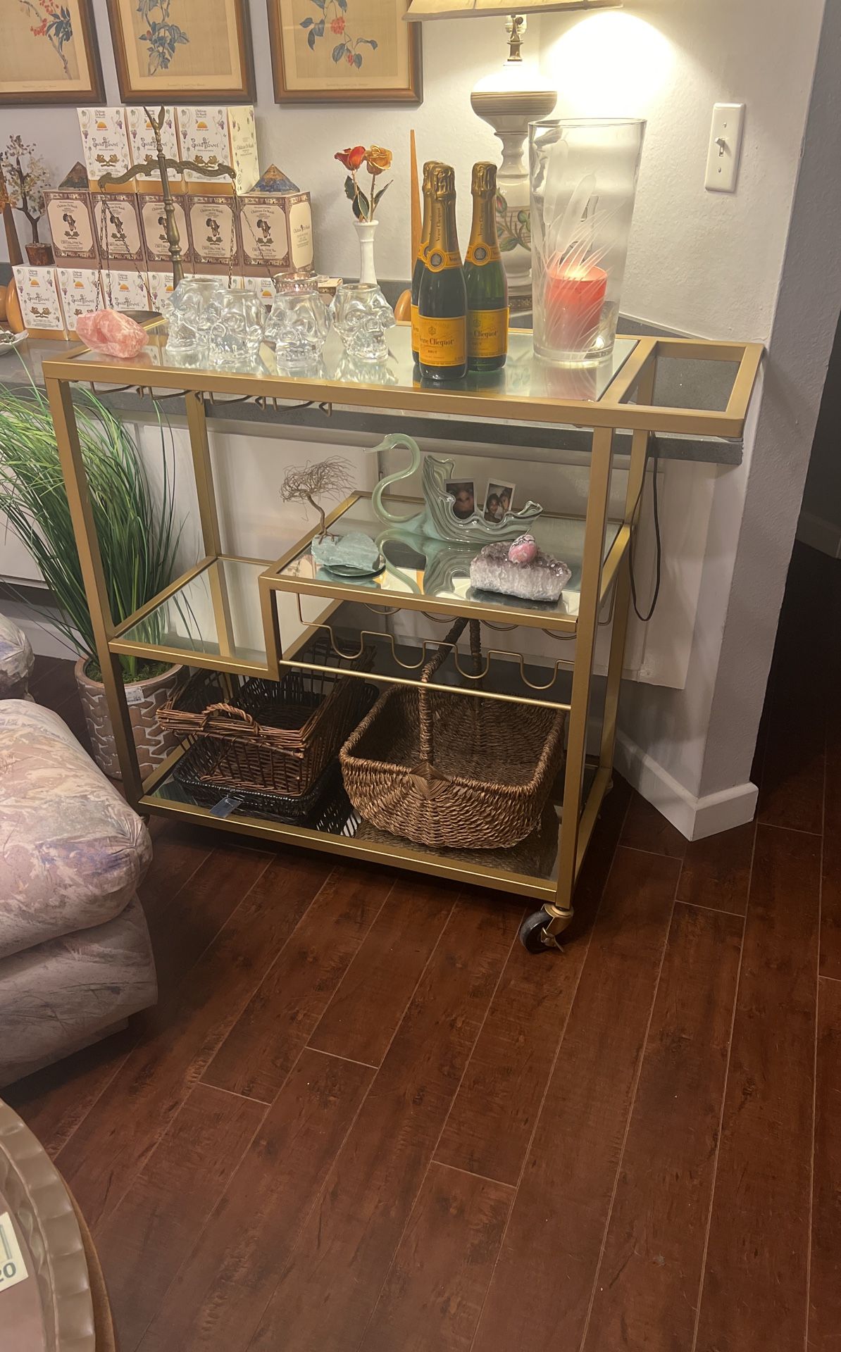 Charming Gold Bar Cart With Mirror Shelves
