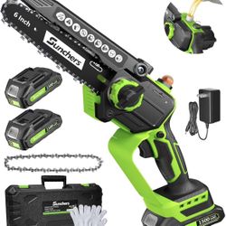 Mini Chainsaw Cordless, 6 Inch Electric Chainsaw with 2 Battery, Handheld Battery Powered Chain Saw with Auto Oiler, Garden Tools Saw for Wood Cutting