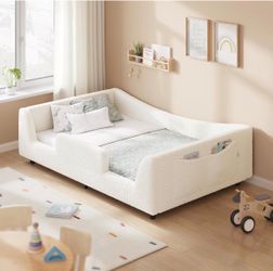 HAUOMS Twin Floor Bed, Low Montessori 2-in-1 Beds, with Slats and High Rails, Upholstered Teddy Boucle, Curve Round Frame for Girls and Boys, No Box S