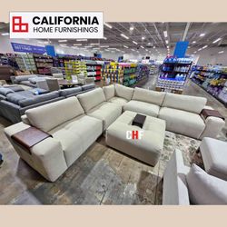 Modern Cream L-Shape Modular Corner Sofa Set with Ottoman & Wooden Arm Trays | Comfy Living Room Couches