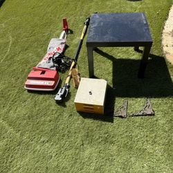 Free , vacuum cleaner small 2 x 2 table power strips, antique shelf, brackets small hobby cabinet,