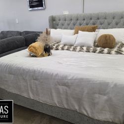 Grey Upholstered Tufted Wingback Bed Frame