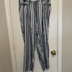 Loft Blue White Striped Paper Bag Tie Waist Pull On Pants Size Large Petite