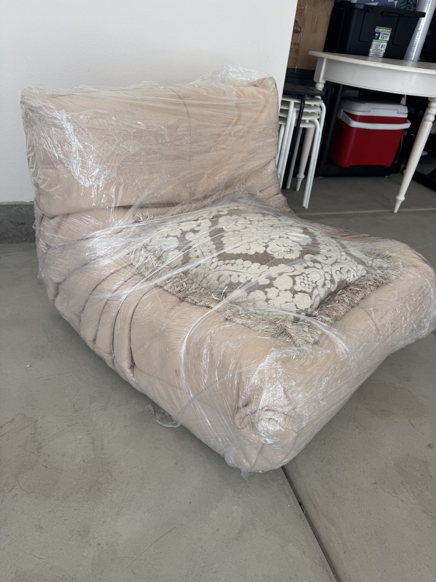 Leather Beige Lounge Chair – Soft, Low Profile, Deep Seat (Wrapped & Like New)