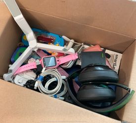 Box of Mixed Electronics - Smartwatch, Headphones, Lamp, Cables