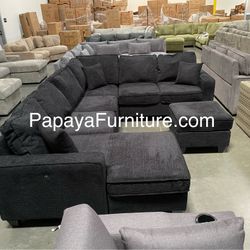 New 113” Chennile Sectional Couch, U-Shaped Sectional Sofa, Couch, Sectionals, Sectional And Ottoman, Couch, Black Sectional, Reversible Chaise Sofa
