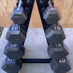 Weights 5s,10s,15s and 20s cast iron dumbbell sets with tower rack