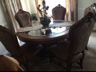 Antique luxury Dining table + 5 chairs. 58’ width and length, height = 29’. Originally this was $4500