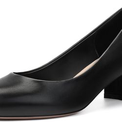  Women's Black Round Toe Block Chunky Heel Pumps