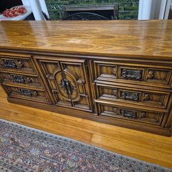 Vintage Oak Triple Dresser With Mirror 