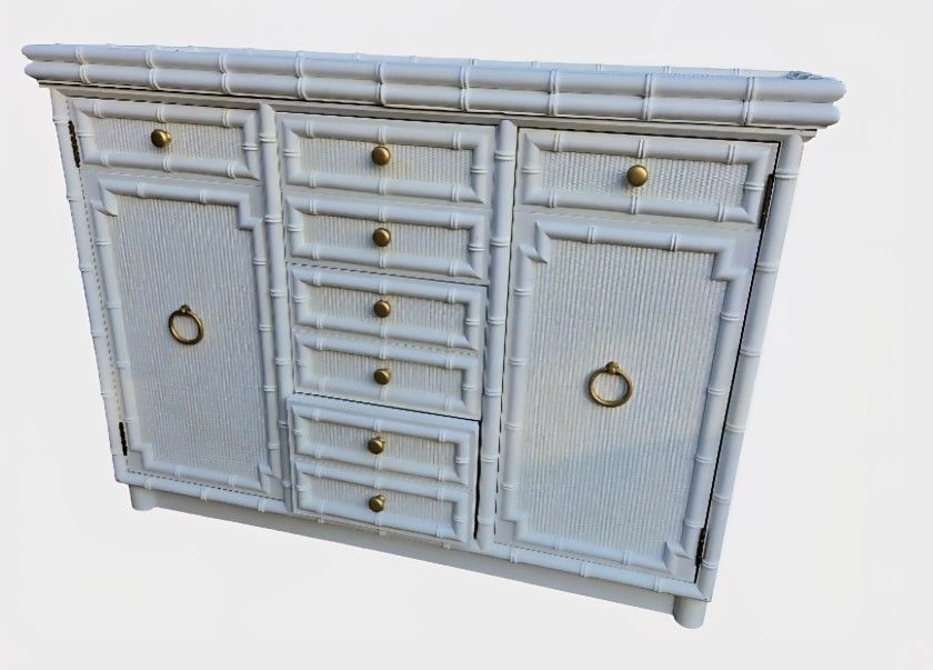 Vintage faux bamboo Drexel omega server bar cart on wheels Hollywood regency console table