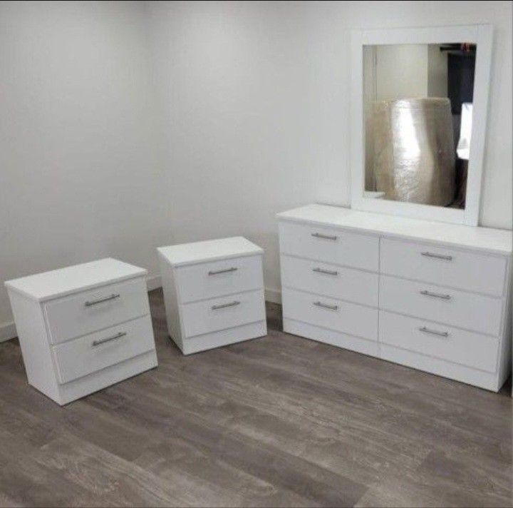 DRESSER WITH MIRROR AND TWO NIGHTSTANDS