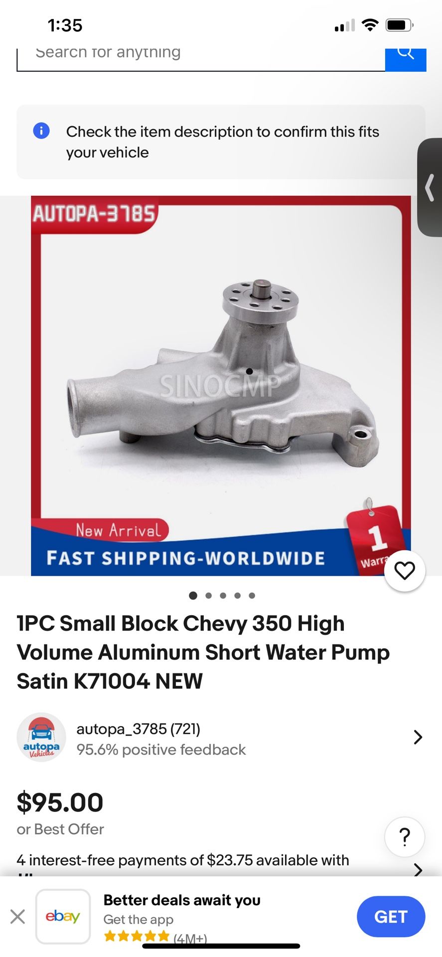 1PC Small Block Chevy 350 High Volume Aluminum Short Water Pump 