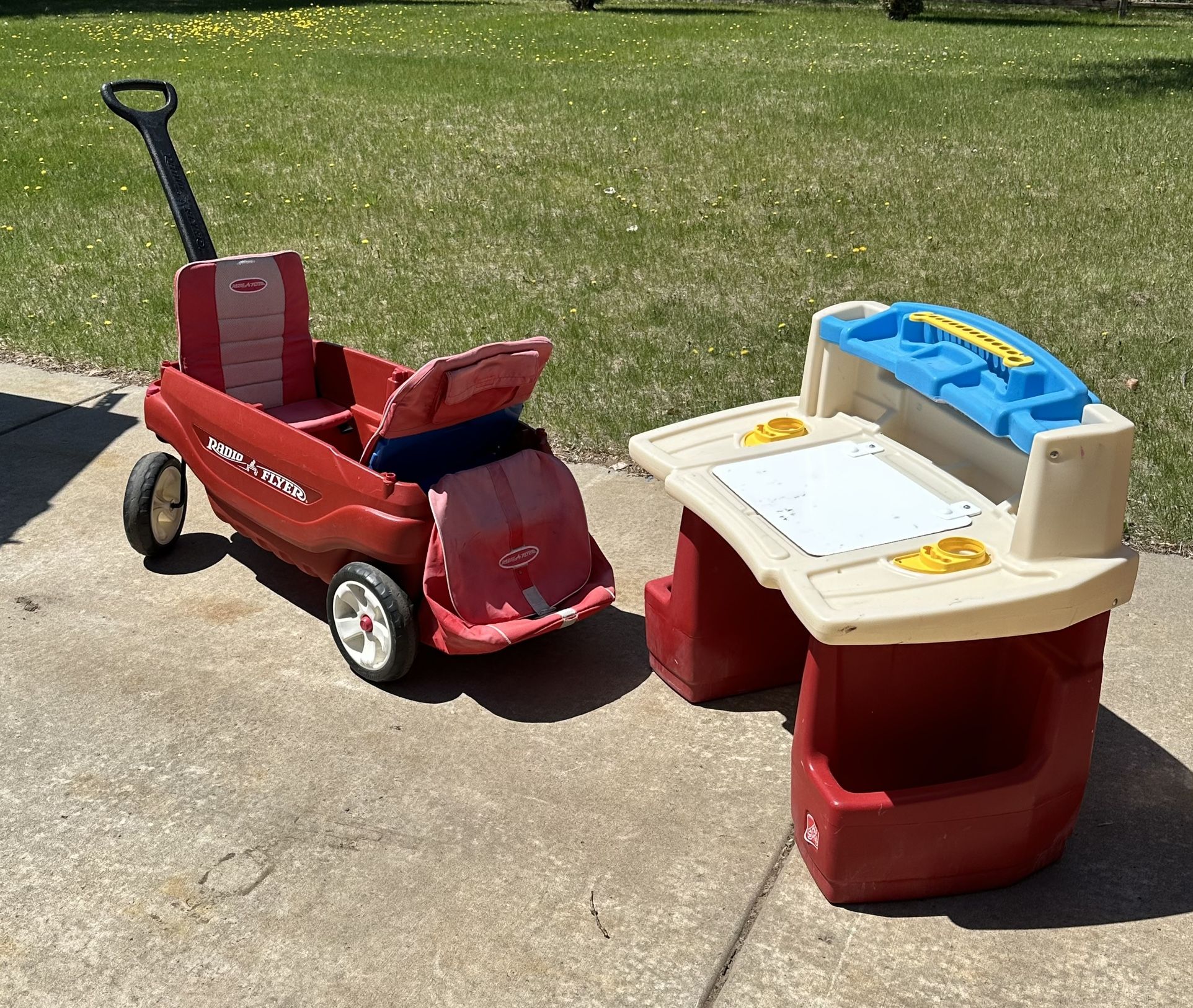 Red Radio Flyer wagon and kids desk set