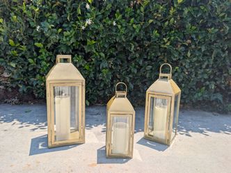 Gold Metal Candle Lanterns Set of 3