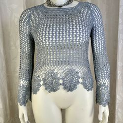 BCBGMAXAZRIA Hand Crochet Top L Silver Blue Gray Open Knit Boho Sheer Scallop