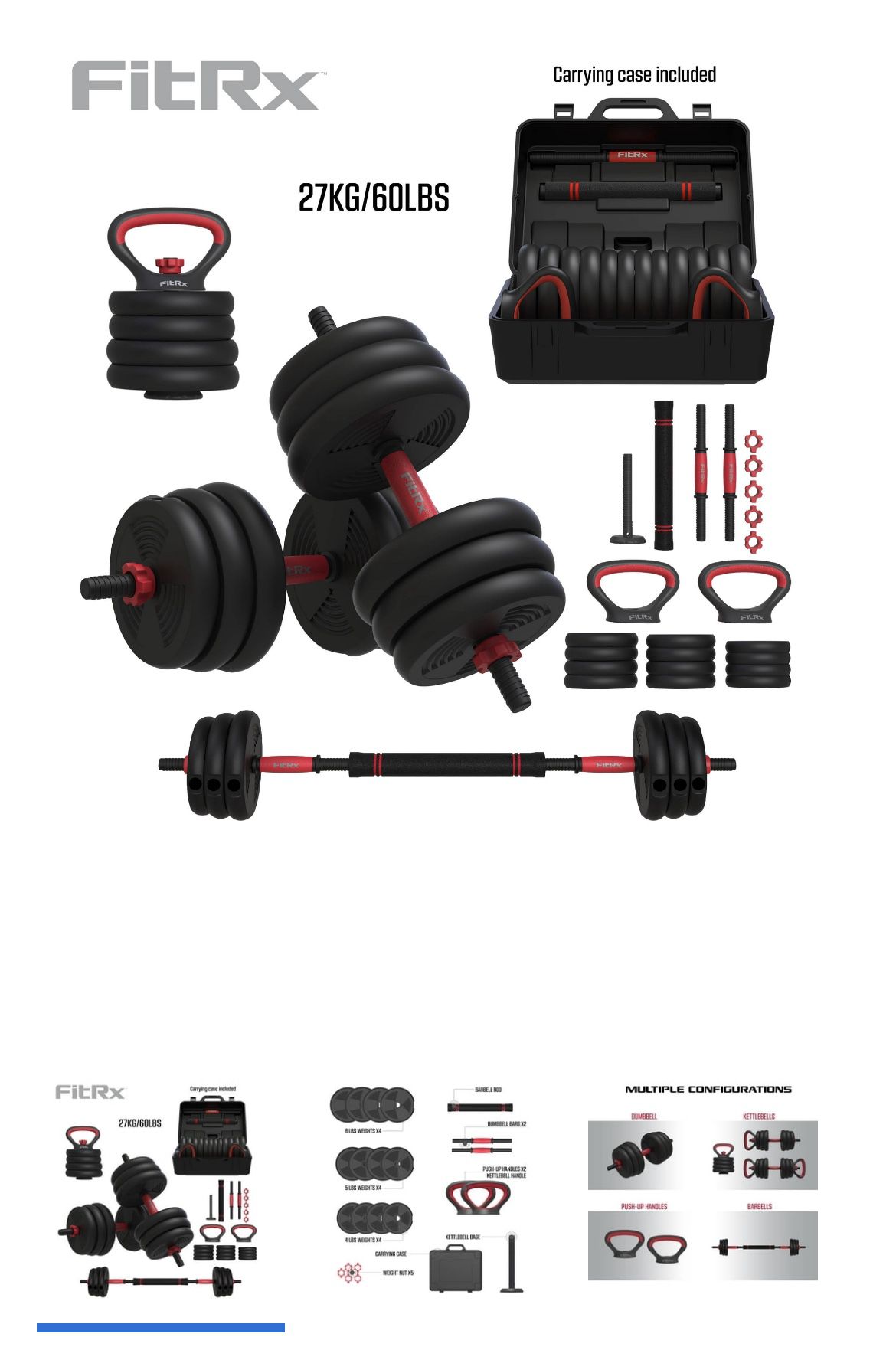Brand New - FitRx SmartBell Gym, 60 lbs. 4-in-1 Adjustable Interchangeable Dumbbell, Barbell, and Kettlebell Weight Set, Black
