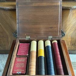 Antique Poker Chips in Wood Case with Playing Cards
