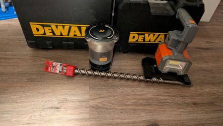 2 DeWalt drills in case with 2 batteries and a charger for each, av black diamond  lantern