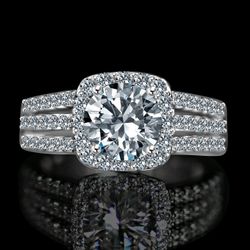 Intensely radiant 2 CT Diamond Veneer cubic zirconia Round Split Shank Square halo Sterling Silver Engagement/ Wedding Ring. 635R4009