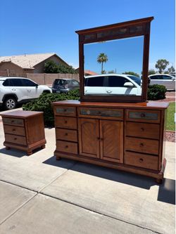 Wooden dresser with mirror and light stand set