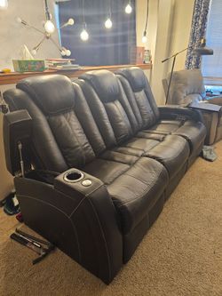 Black Faux Leather Power Reclining Home Theater Sofa