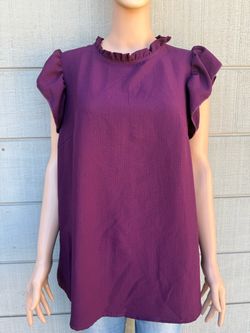 Women’s SHEIN curve purple summer  frill trim round neck cap sleeve blouse size 0XL