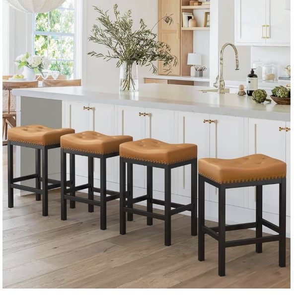 LUE BONA ) four counter height bar stools, 24-inch backless bar stools, For kitchen countertop, leather counter stools Synthetic with black metal legs